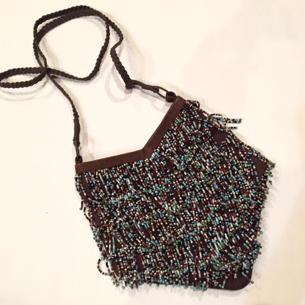 Brown Suede Purse with Seed Bead Fringe